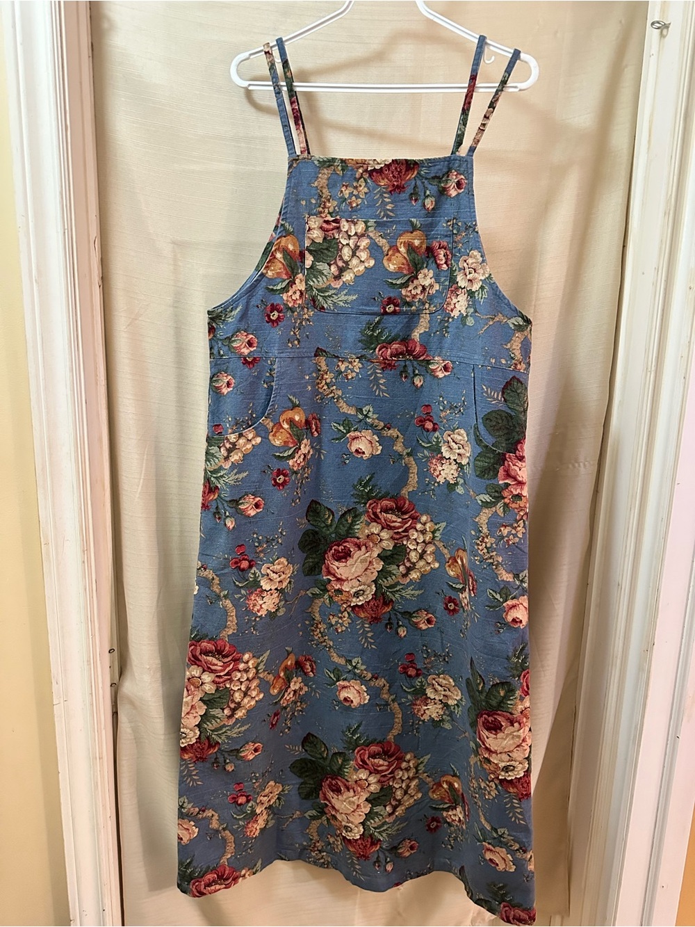Smith & Hawken Blue Floral Cotton Linen Pinafore Apron Maxi Dress L Pockets